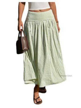 Plaid Gingham Maxi Skirt High Waist Flowy Long Skirts